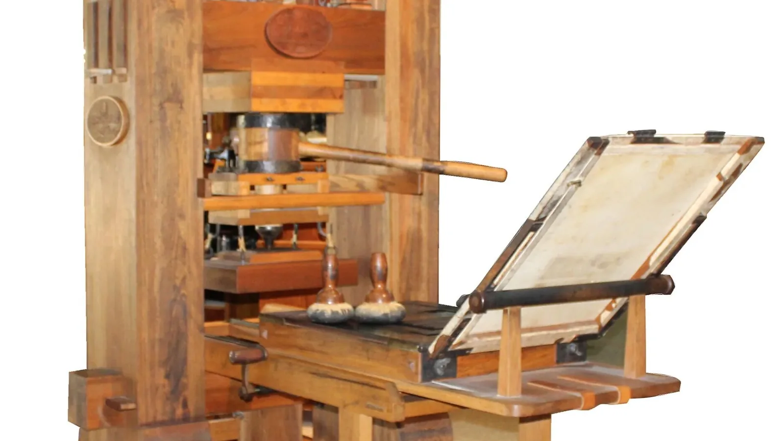 Eine funktionsfähige Replik einer Gutenberg-Druckpresse steht im International Printing Museum.