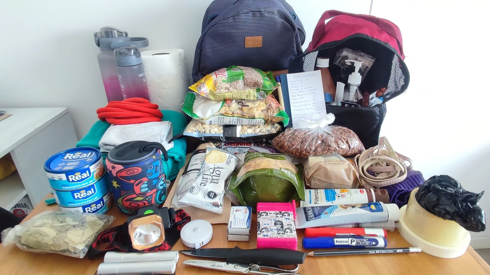 Auf einem Tisch liegt eine zusammengestellte Notfallausrüstung mit Rucksack, Wasser, haltbaren Lebensmitteln, Verbandsmaterial und weiteren Hilfsmitteln.