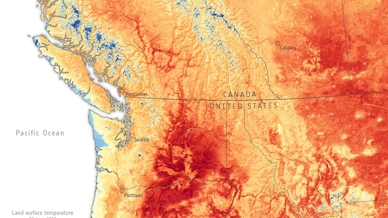 Satellitenkarte des Nordwestens Nordamerikas mit Vancouver, Seattle und Portland: Die Landoberfläche ist großflächig orange bis tiefrot eingefärbt, also sehr heiß.