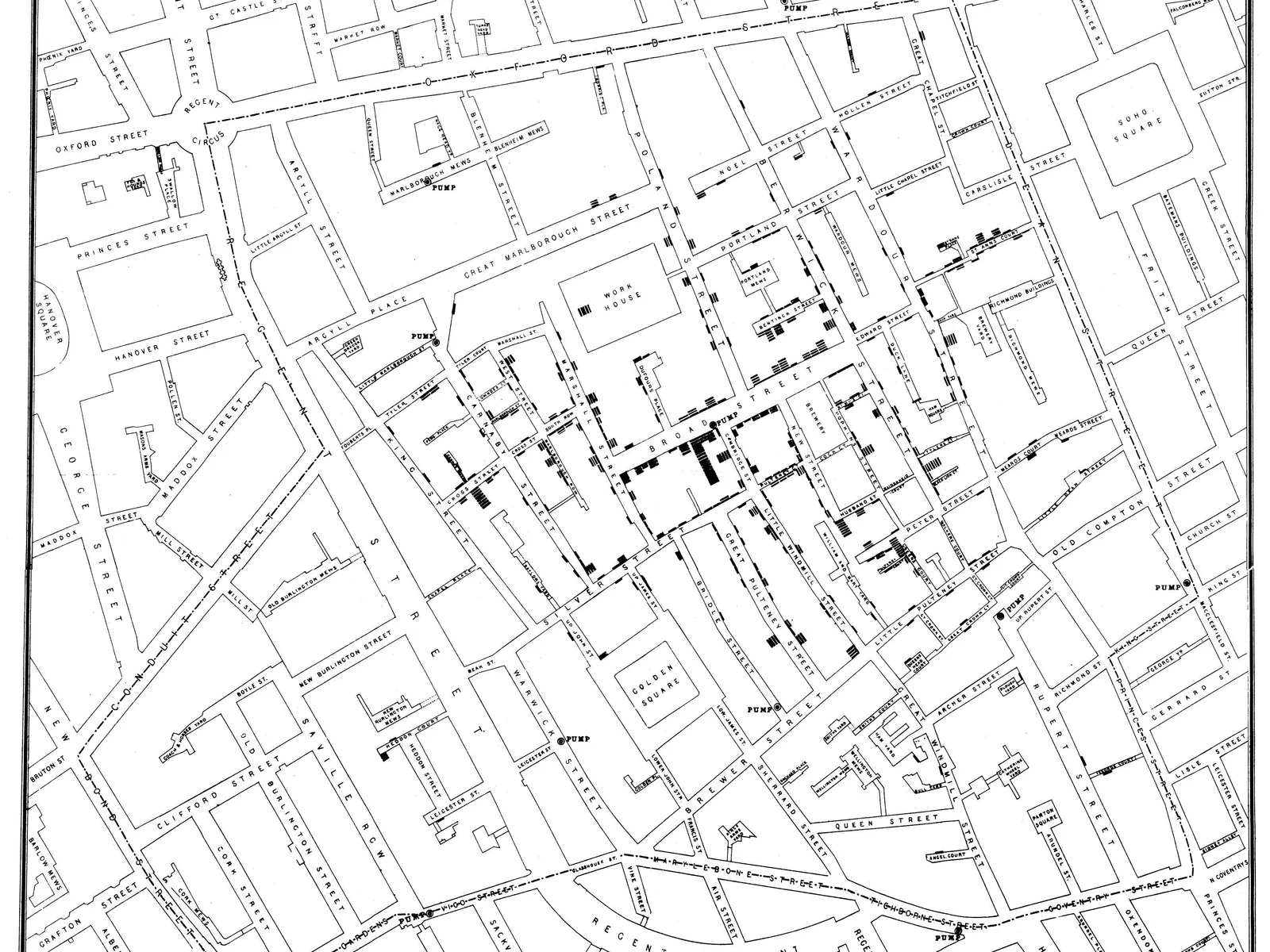 Historische Karte von John Snow aus dem Jahr 1854 mit markierten Cholera-Todesfällen rund um öffentliche Wasserpumpen in London.