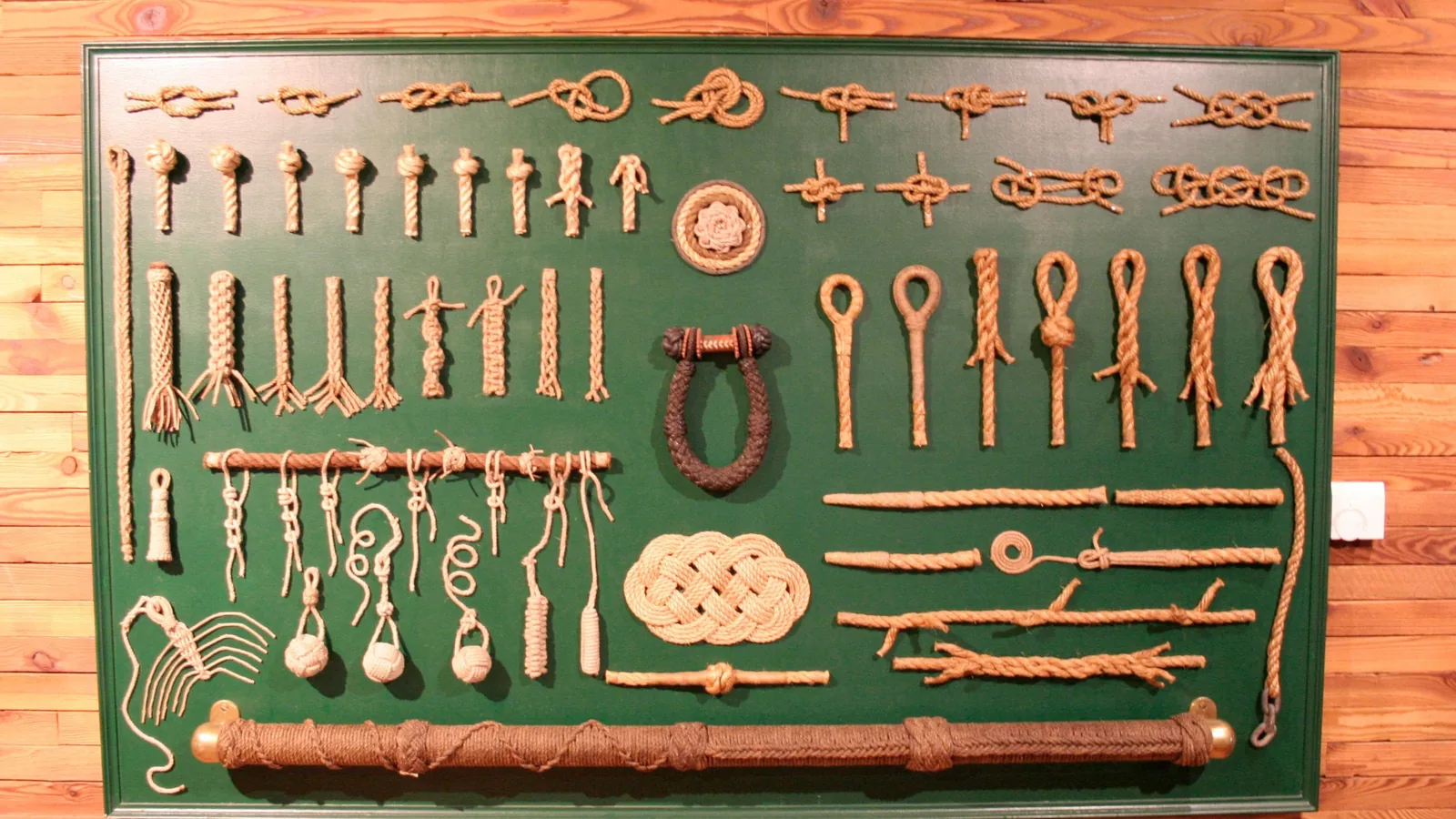 Eine grüne Knotentafel im Internationalen Maritimen Museum Hamburg: Dutzende Knoten, Schlaufen, Spleiße und Zierknoten aus Naturfaserseil, sauber nebeneinander aufgereiht.