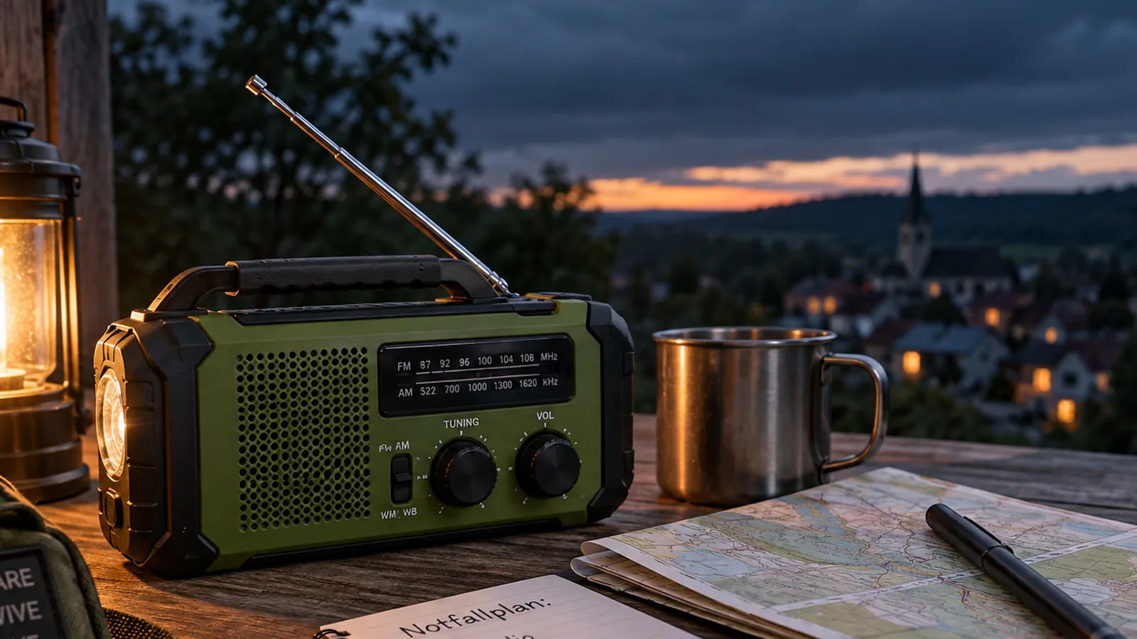 Ein netzunabhängiges Kurbelradio und eine Laterne stehen bei einbrechender Dunkelheit auf einem Holztisch mit Blick auf einen Ort.