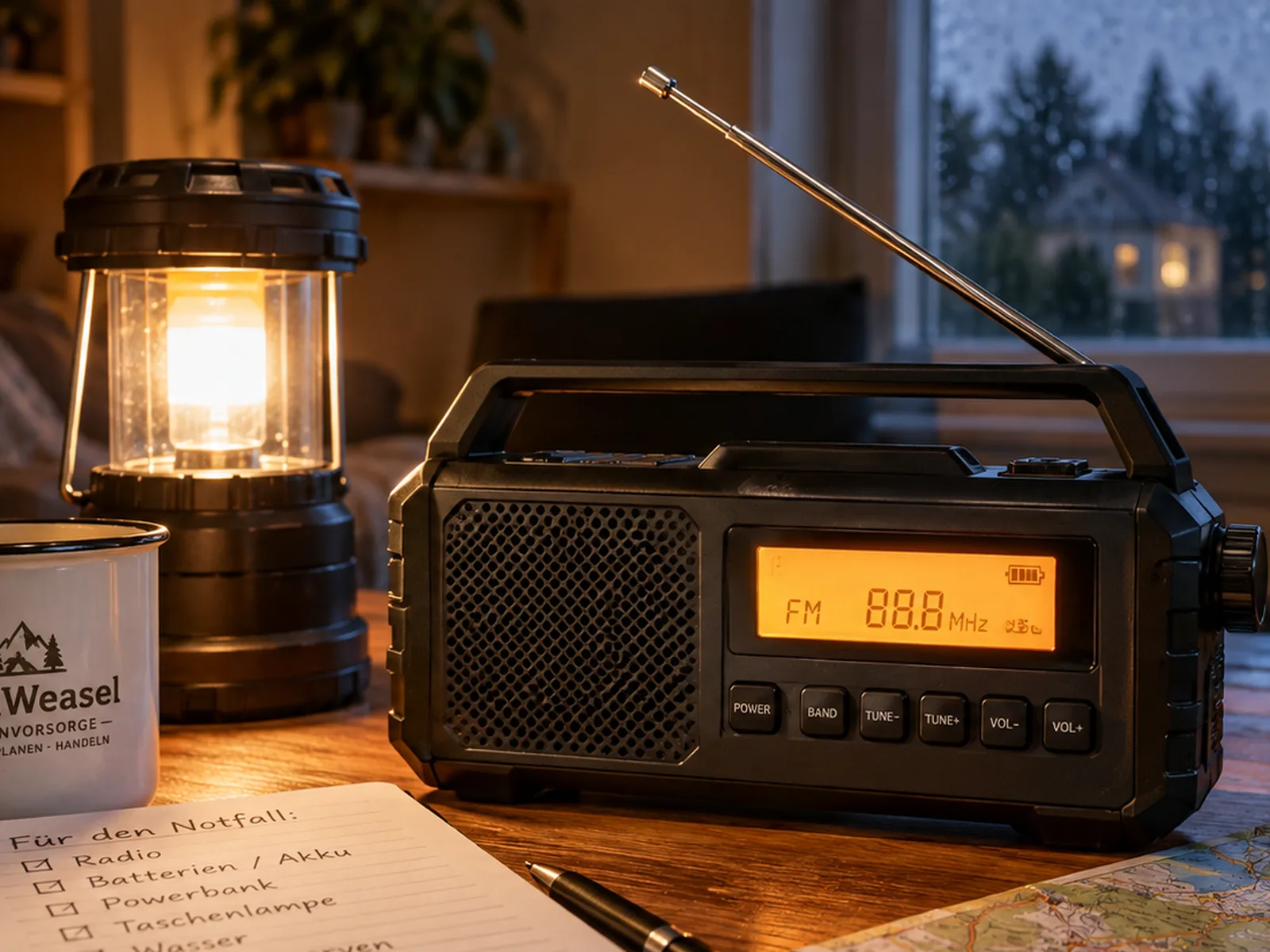 Nahaufnahme eines netzunabhängigen Radios neben einer leuchtenden Campinglaterne auf einem Holztisch.