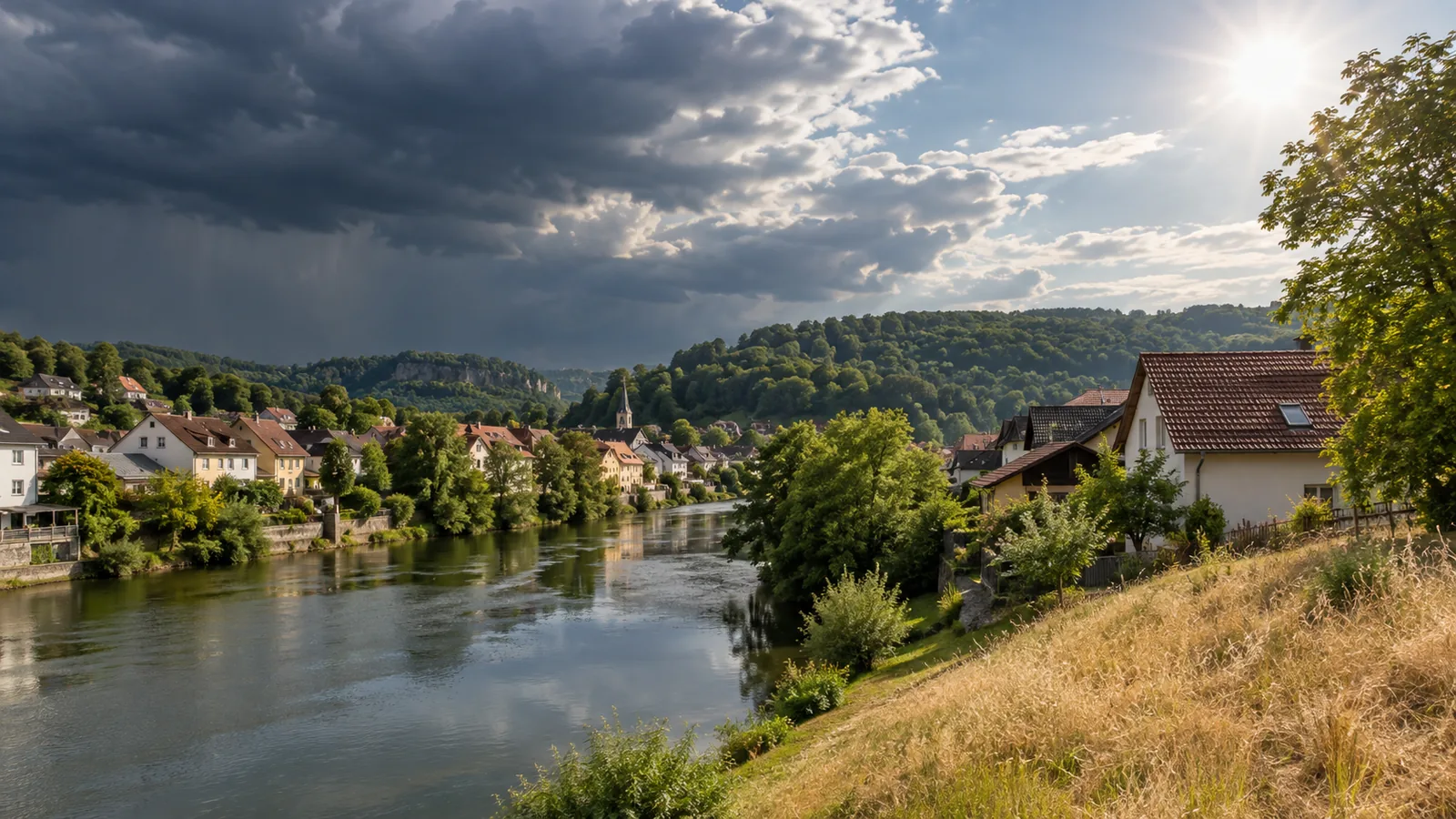 Eine mitteleuropäische Ortschaft an einem Fluss liegt gleichzeitig unter dunklen Gewitterwolken und starker Sonneneinstrahlung.