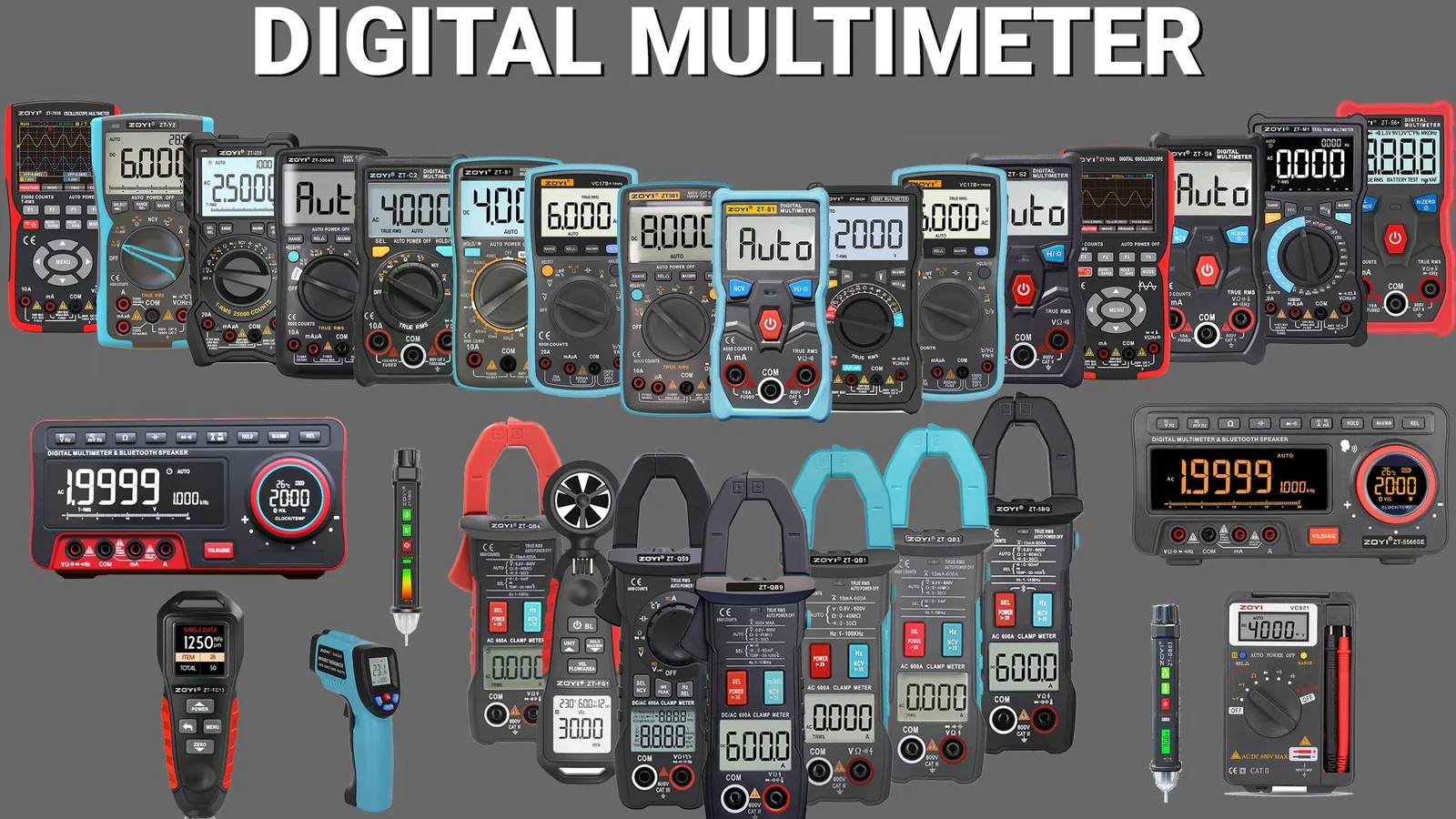 Mehrere digitale Multimeter liegen nebeneinander; solche Messgeräte können Spannung, Stromstärke und Widerstand erfassen.