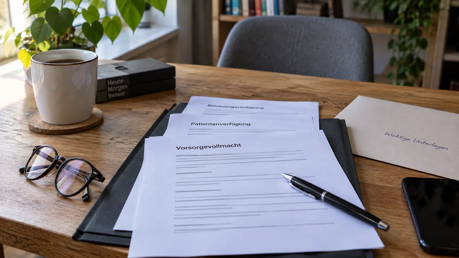 Auf einem Schreibtisch liegen eine Dokumentenmappe, generische Formulare zu Vorsorgevollmacht, Patientenverfügung und Betreuungsverfügung sowie ein Stift.