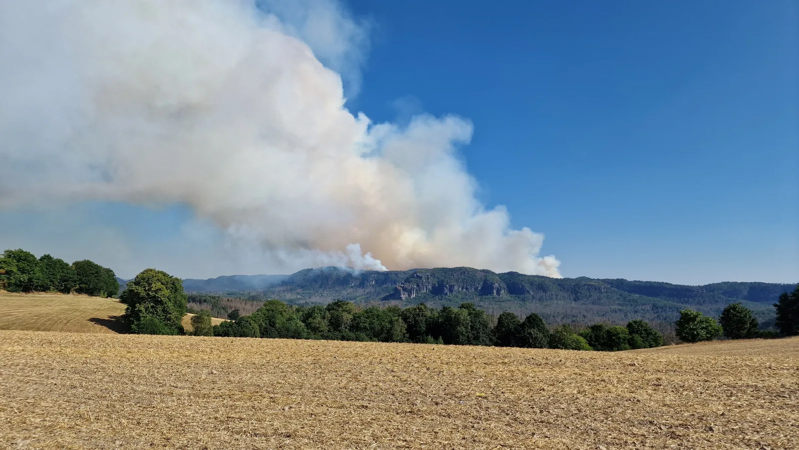 Über einem bewaldeten Höhenzug steigt eine große helle Rauchwolke in den blauen Himmel, im Vordergrund ein abgeerntetes Feld.