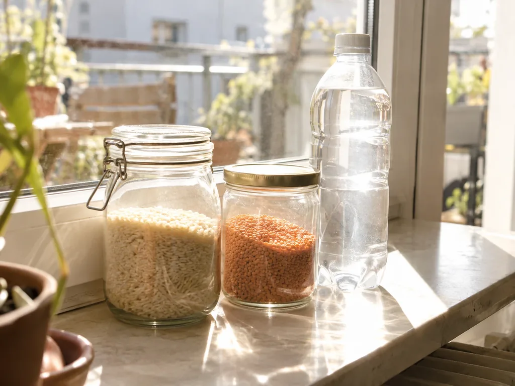 Zwei Vorratsgläser mit Reis und roten Linsen und eine Plastikflasche Wasser stehen auf einer Fensterbank in der prallen Sonne.
