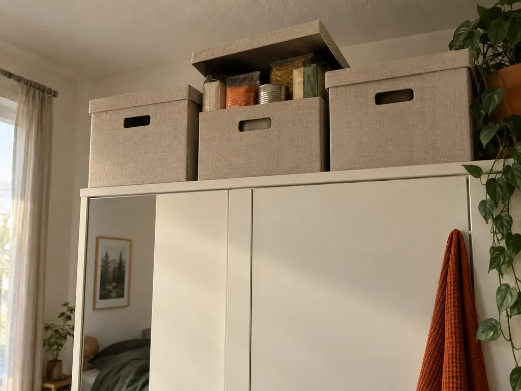 Auf einem hohen Kleiderschrank stehen drei Stoffboxen nebeneinander. Bei der mittleren ist der Deckel abgehoben; darin liegen Nudeln, rote Linsen und eine Konservendose.