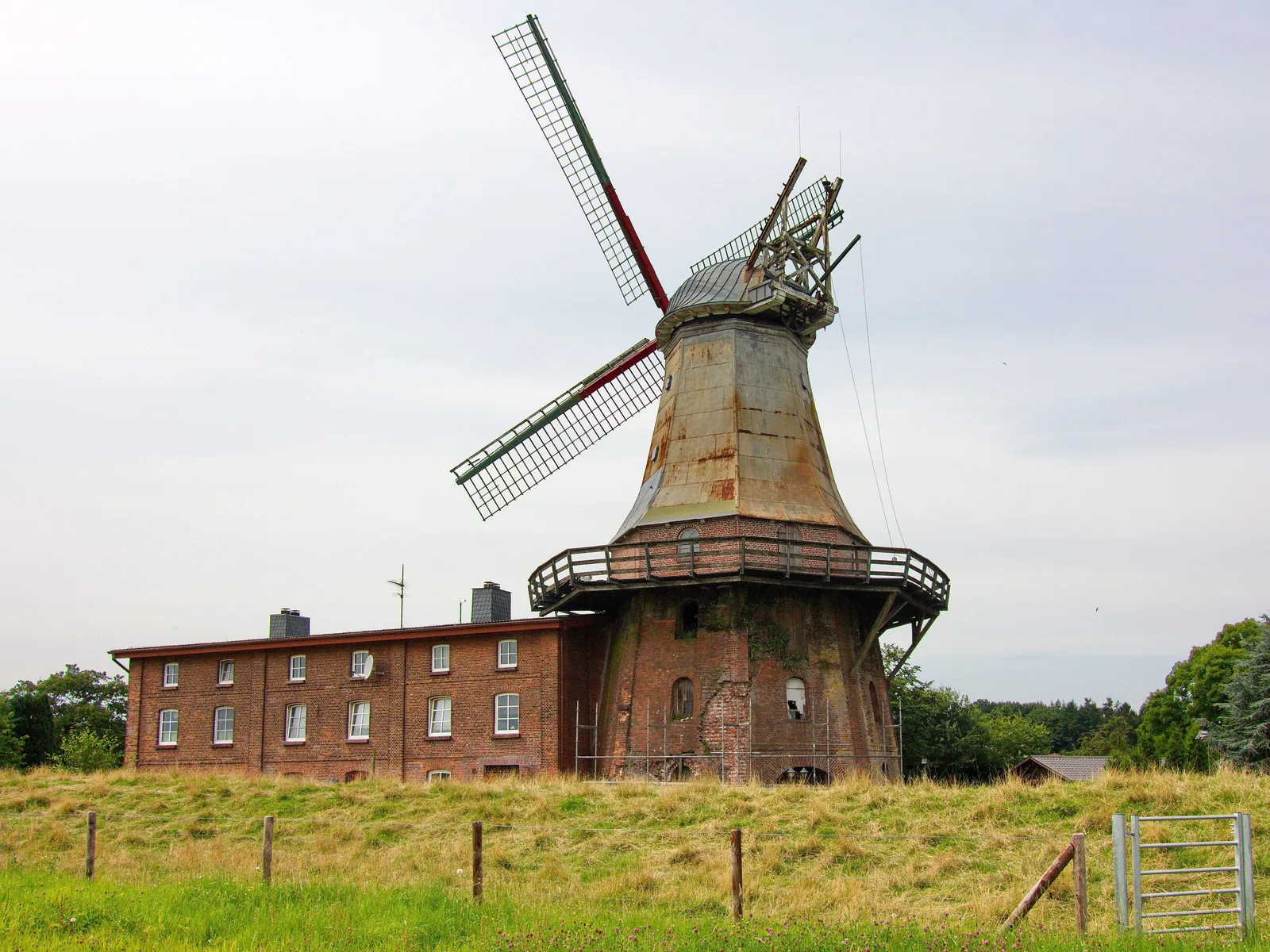 Eine Holländerwindmühle mit Galerie in Niedersachsen: Das Mühlenhaus aus Backstein steht fest, oben die drehbare Haube mit Flügelkreuz und am Heck ein kleines Seitenrad.